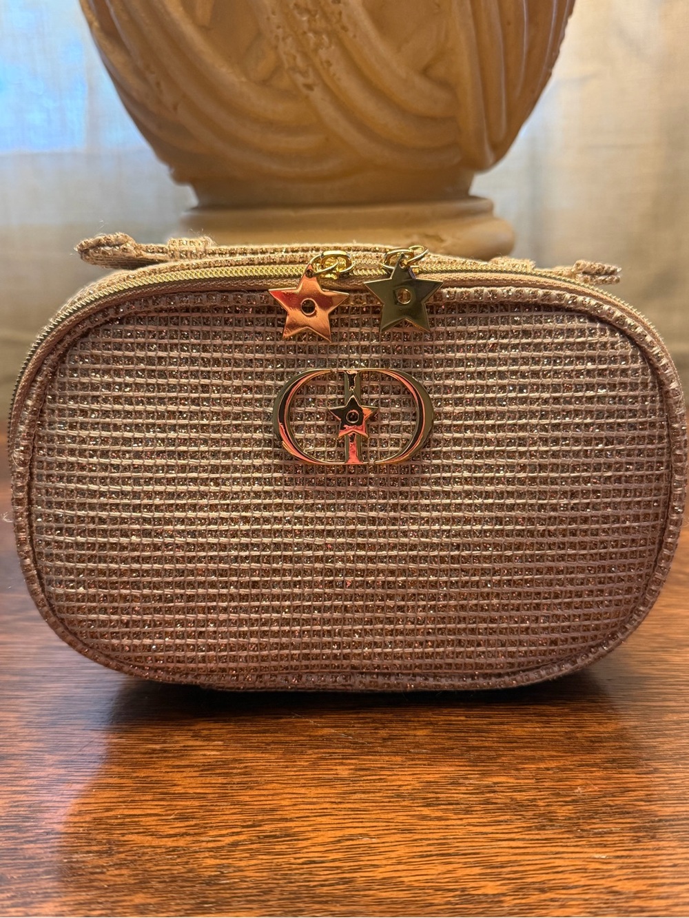 Dior Elegant Beige Glitter Cosmetic Pouch with Star Charm